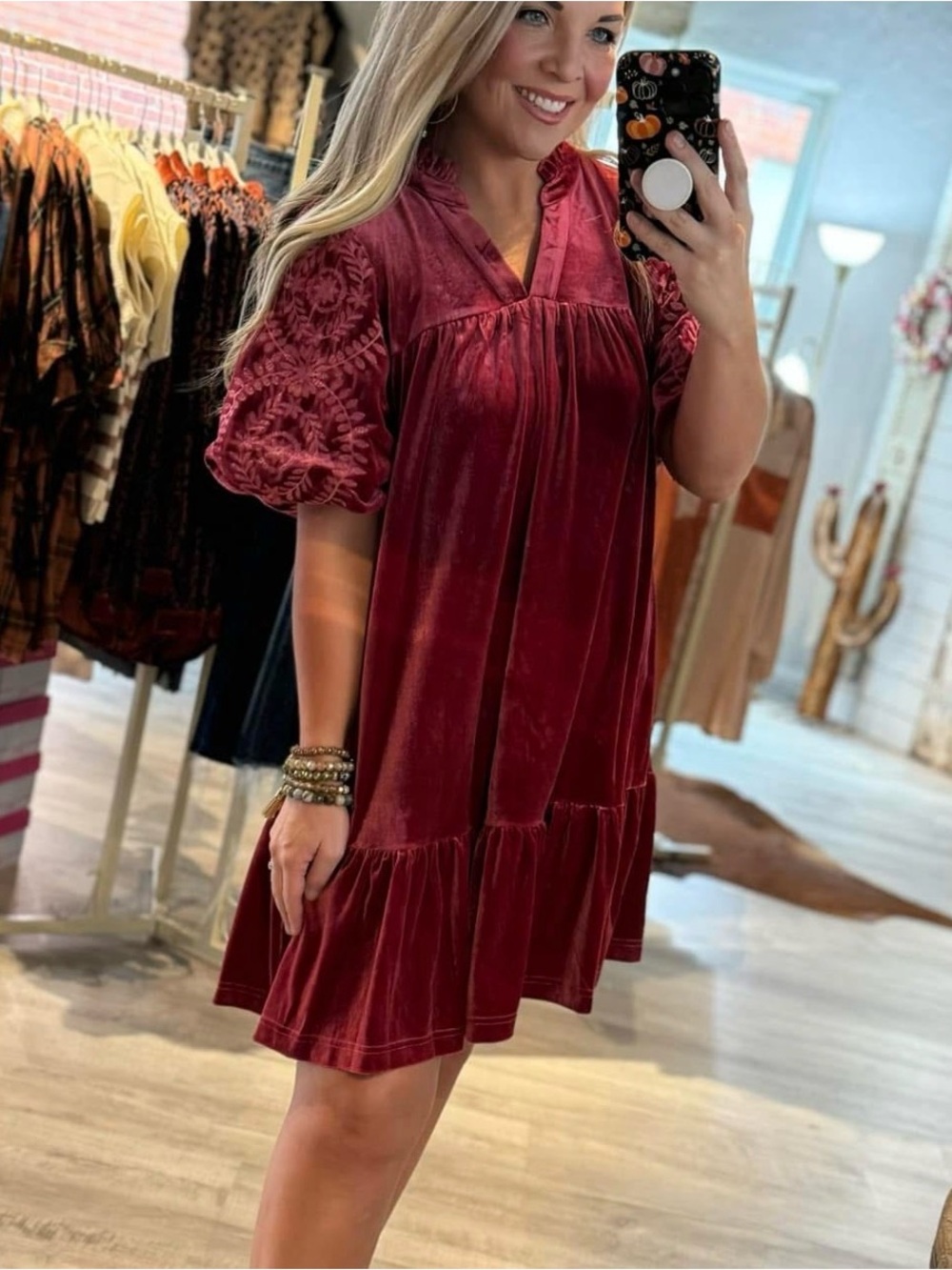Umgee Red Velvet Babydoll Mini Dress L Puff-Sleeve Embroidered Boho Cottagecore